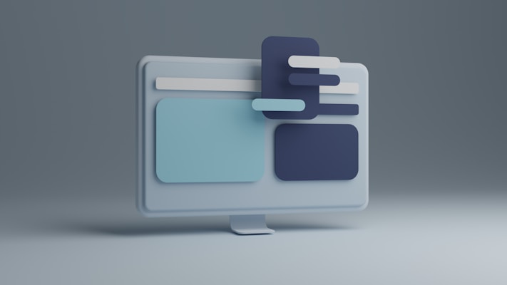 A 3D illustration of a computer monitor with abstract shapes and rectangles layered over the screen, featuring a minimalist design with a cool color palette.