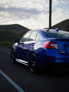 A compact blue car with clean lines, parked beside a green countryside road.