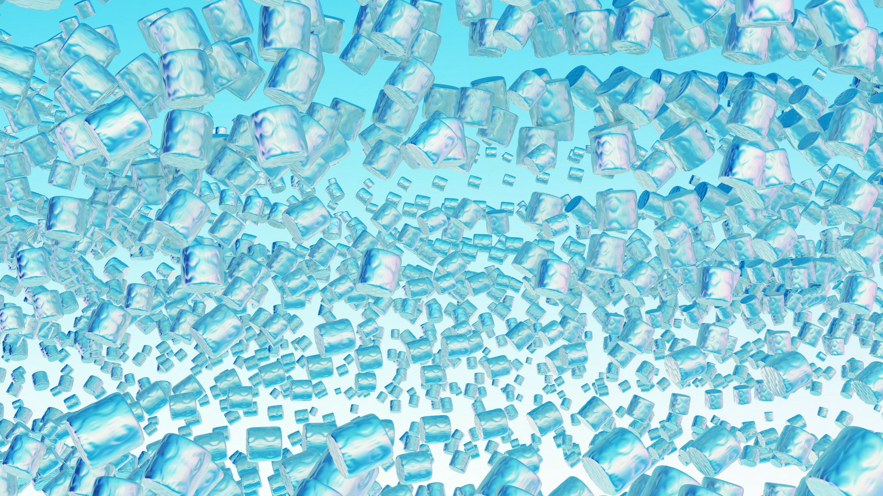 Cubos de hielo cristalino y puro Andes Ice sobre fondo celeste con destellos de luz y ambiente premium