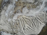 Aerial view of a large, barren landscape with distinct striations and layers, suggesting geological or mining activity. The scene is dominated by earthy tones and a textured surface resembling natural formations.