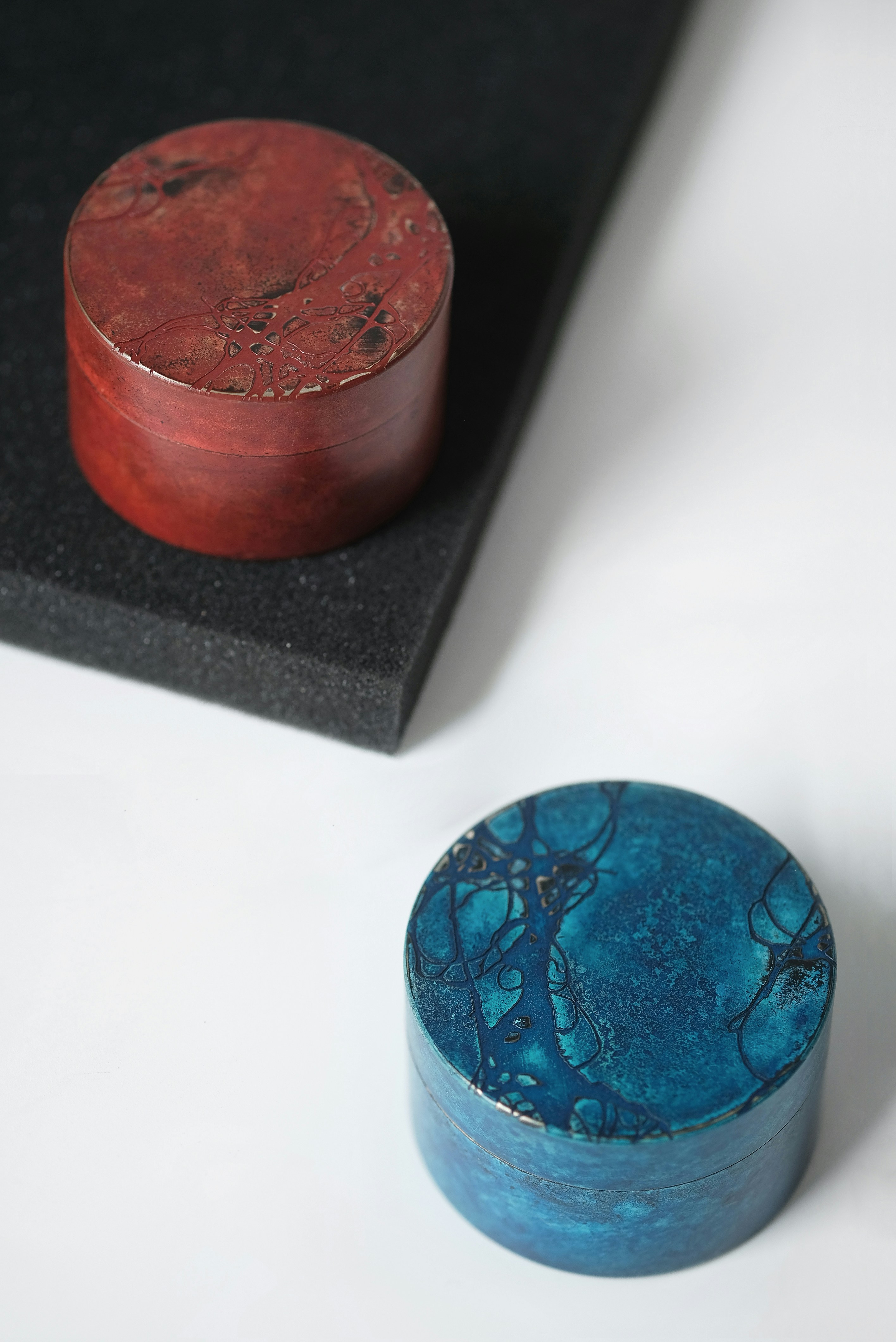 a blue and red box sitting on top of a table