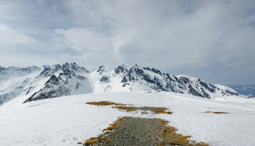 uma montanha coberta de neve com uma trilha que leva a ela