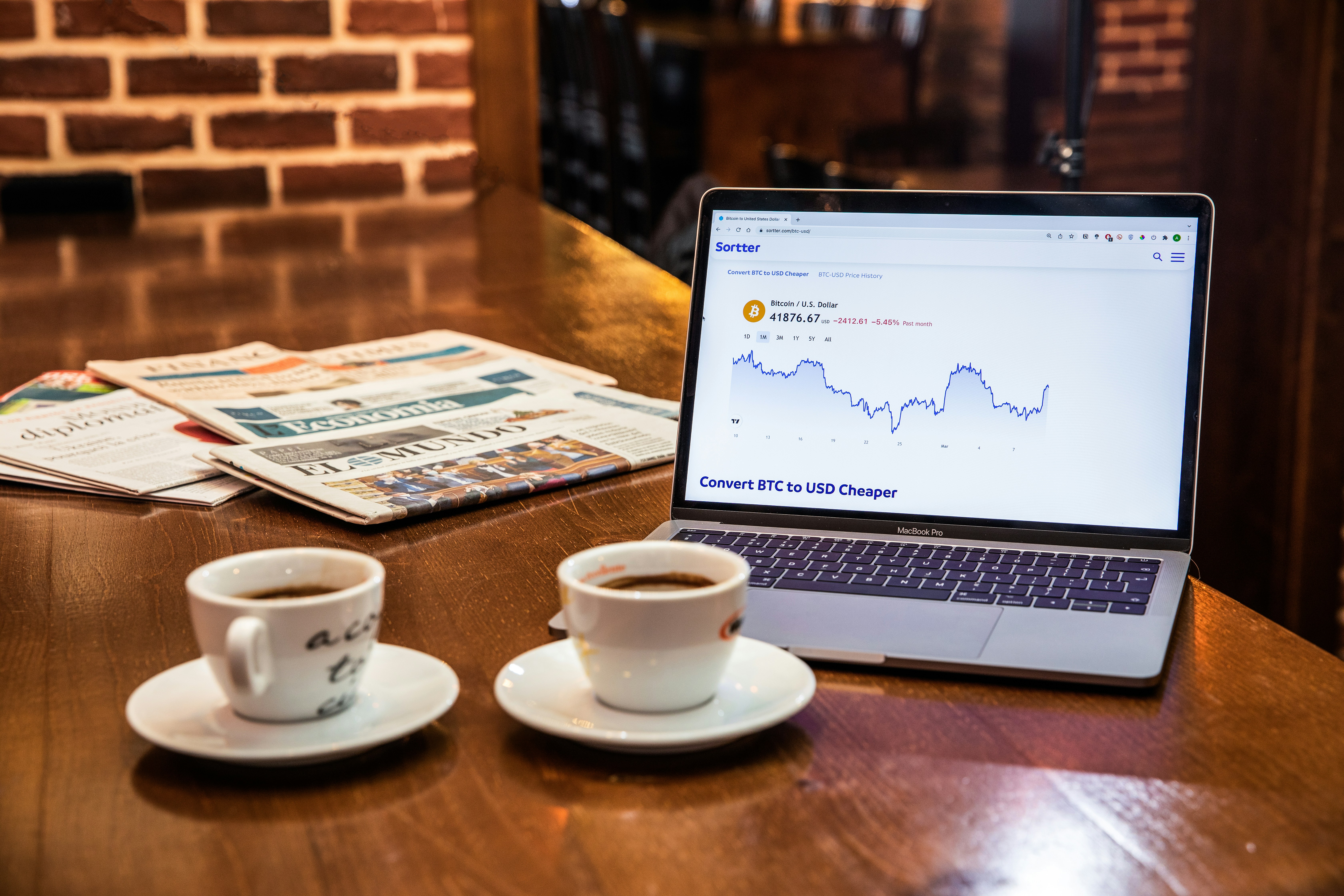 Coffee cups with Bitcoin chart and some newspapers in the background.