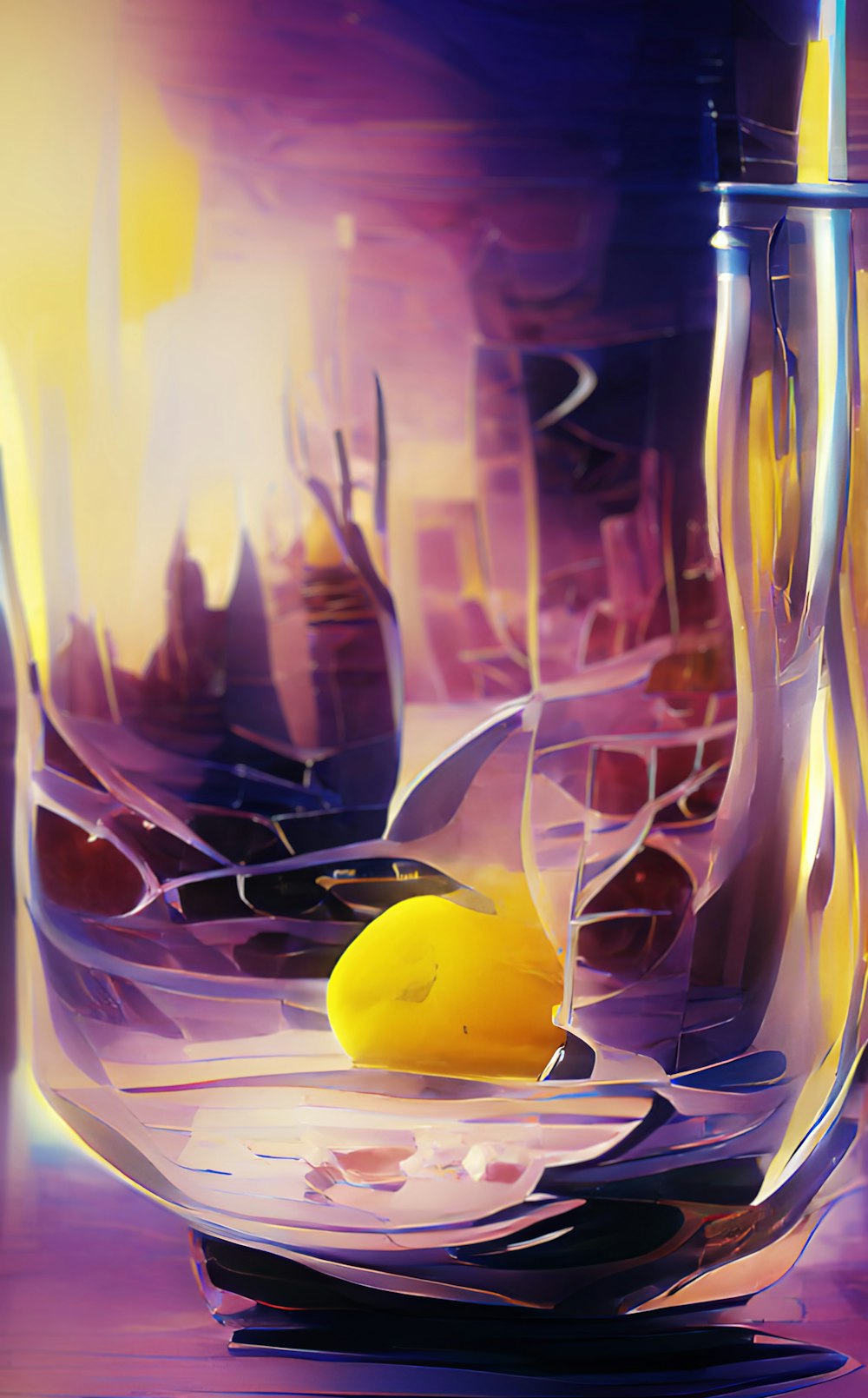 a painting of a vase with a lemon in it
