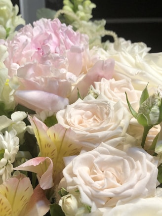 Close-up of a delicate preserved rose bouquet in soft pastel colors