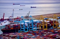 A bustling port filled with a multitude of colorful shipping containers stacked in rows. Several cranes in shades of blue and yellow are positioned above the containers, indicating active loading and unloading operations. Multiple ships are docked at the harbor, with more vessels visible in the calm water beyond the port. The scene conveys a sense of industrial activity and maritime trade.