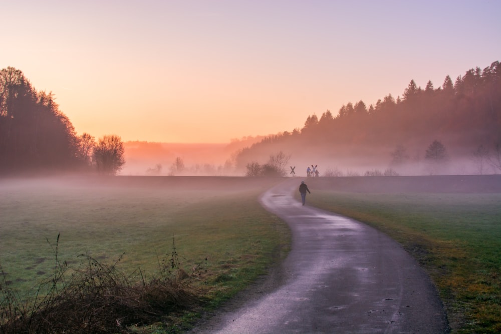 a person walking down a dirt road in the middle of a field