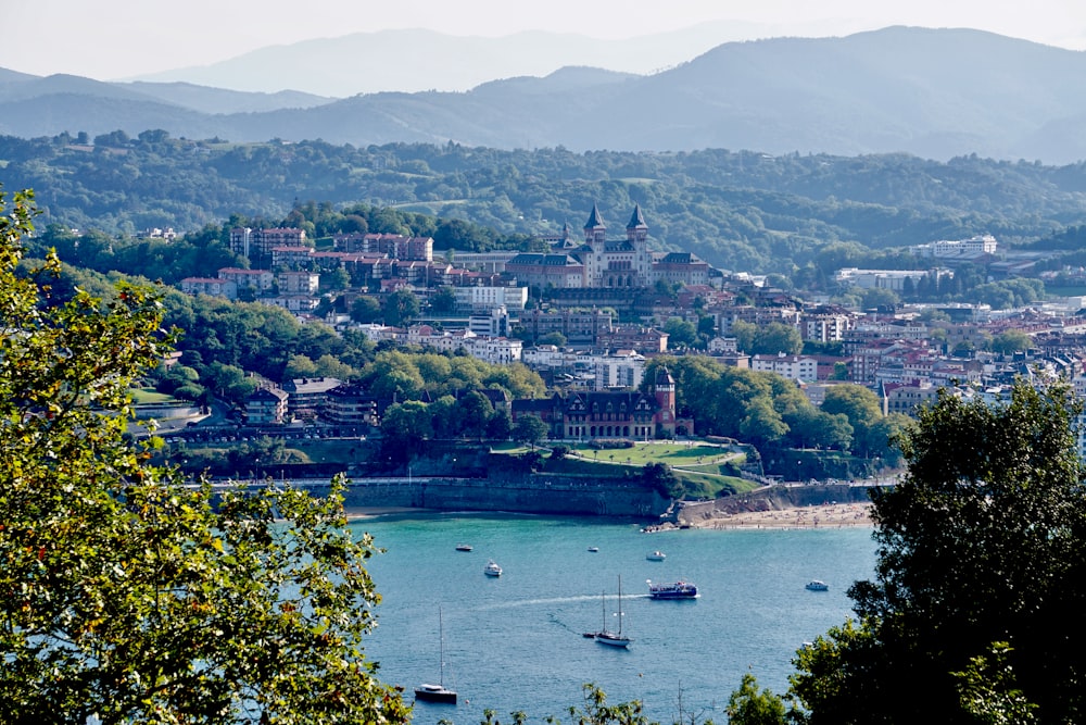 une vue d’une ville et d’un lac avec des bateaux dans l’eau