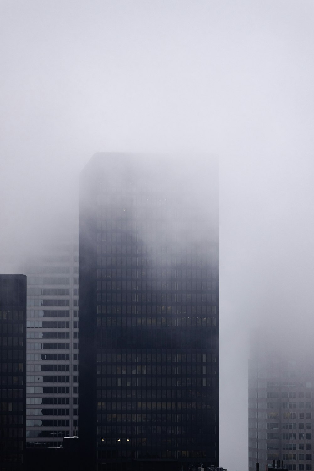 a city with tall buildings covered in fog