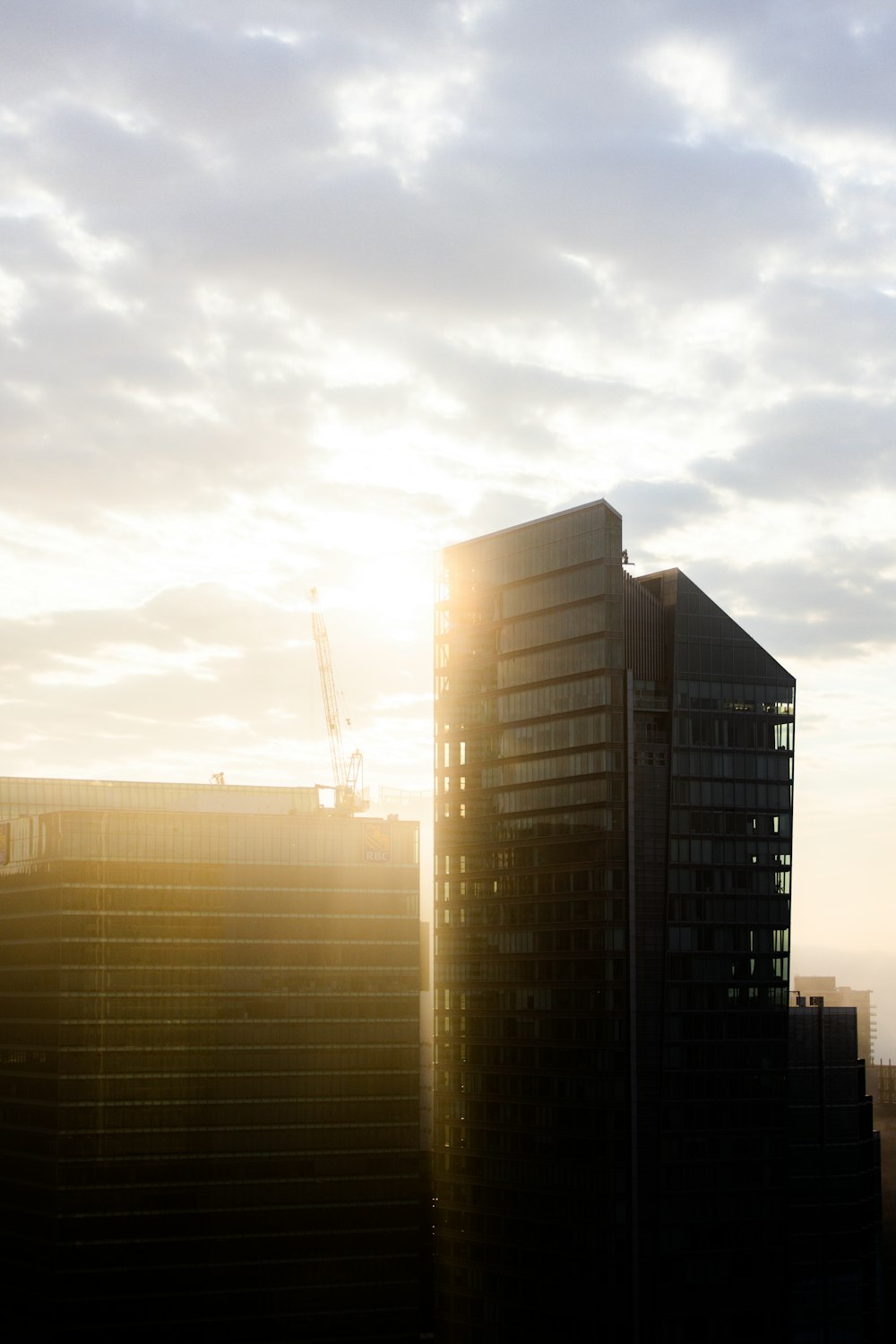 a view of a city skyline at sunset