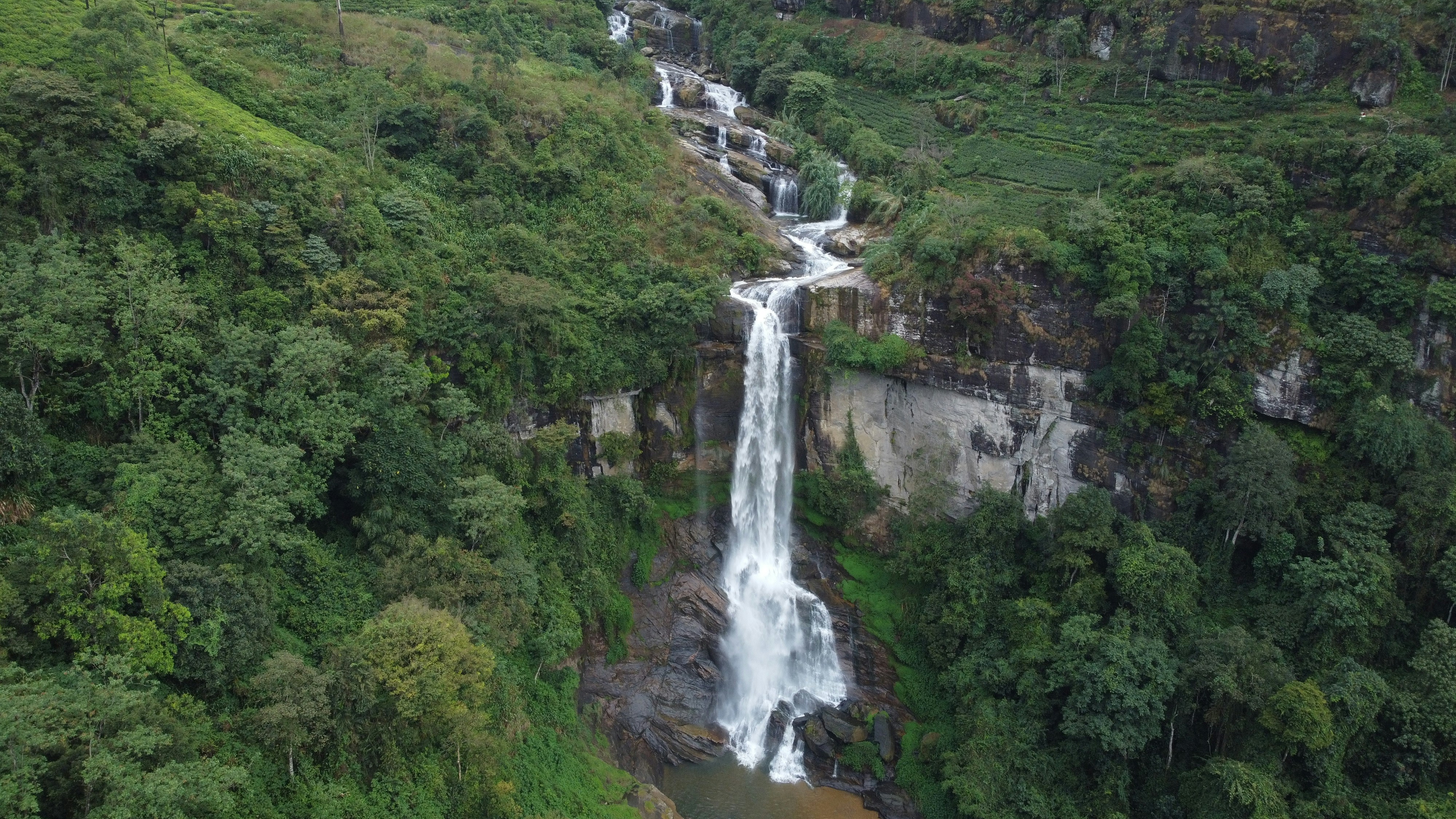 a waterfall in the middle of a lush green forest