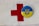 A red cross symbol is printed on a white fabric background. Next to it is a circular badge with the Ukrainian coat of arms in blue on a yellow background.