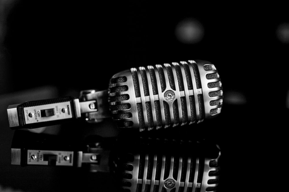 a black and white photo of a microphone