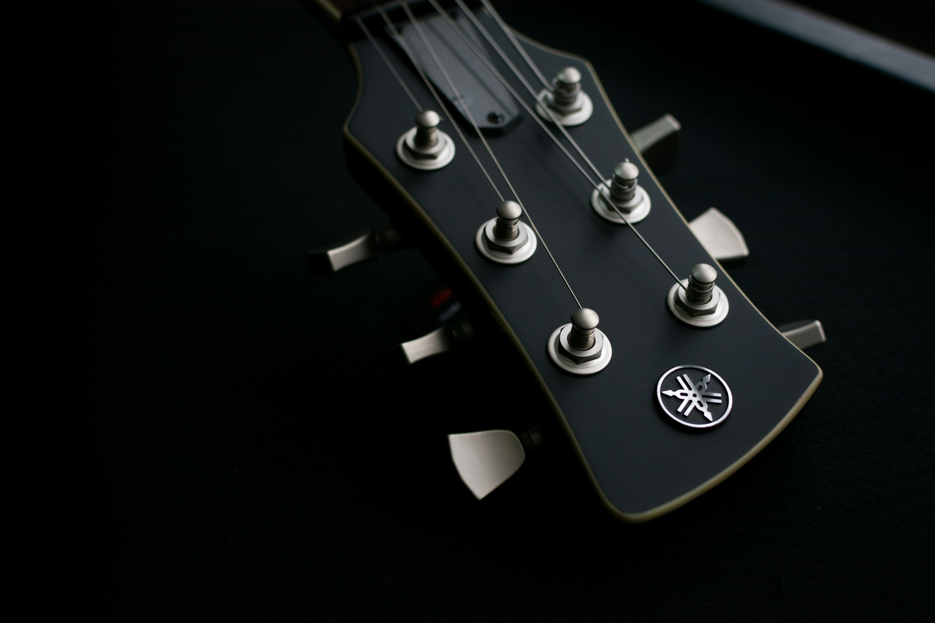 a close up of a guitar neck with a black background