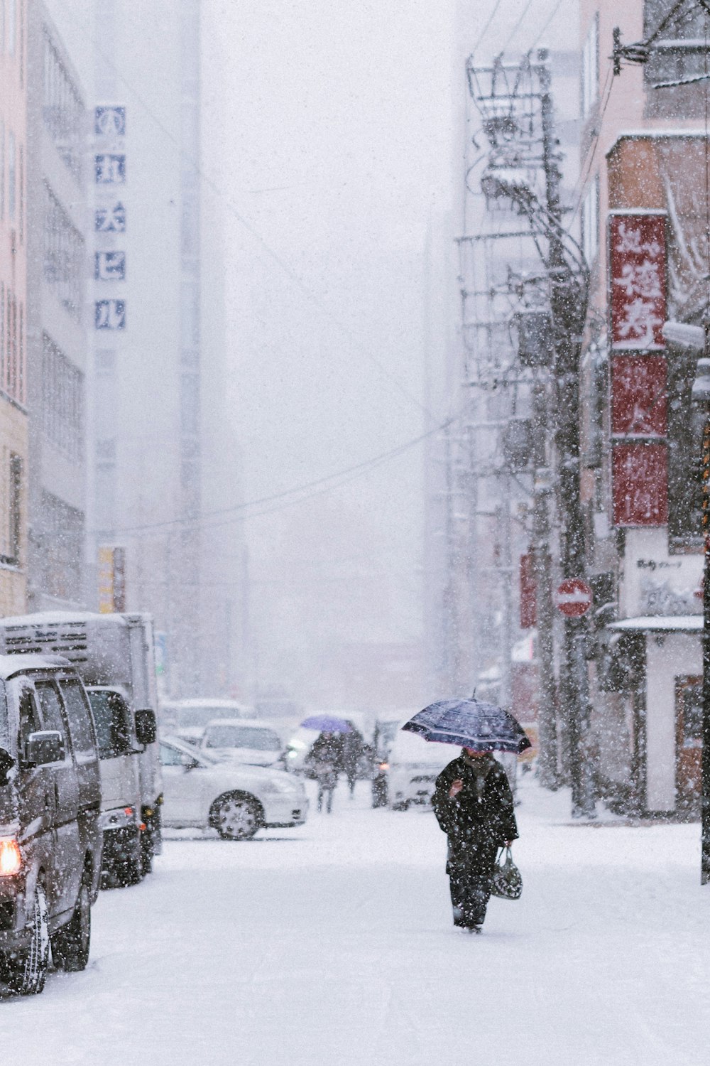 a person walking down a snowy street holding an umbrella