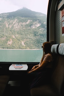A traveler comfortably seated on a train, reading a guidebook with a scenic landscape visible through the window.