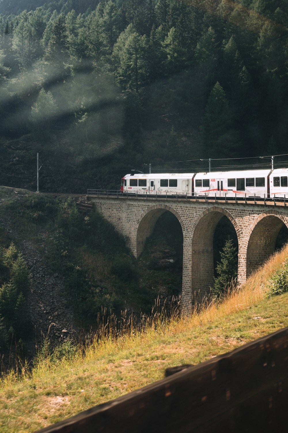 a train traveling over a bridge in the mountains