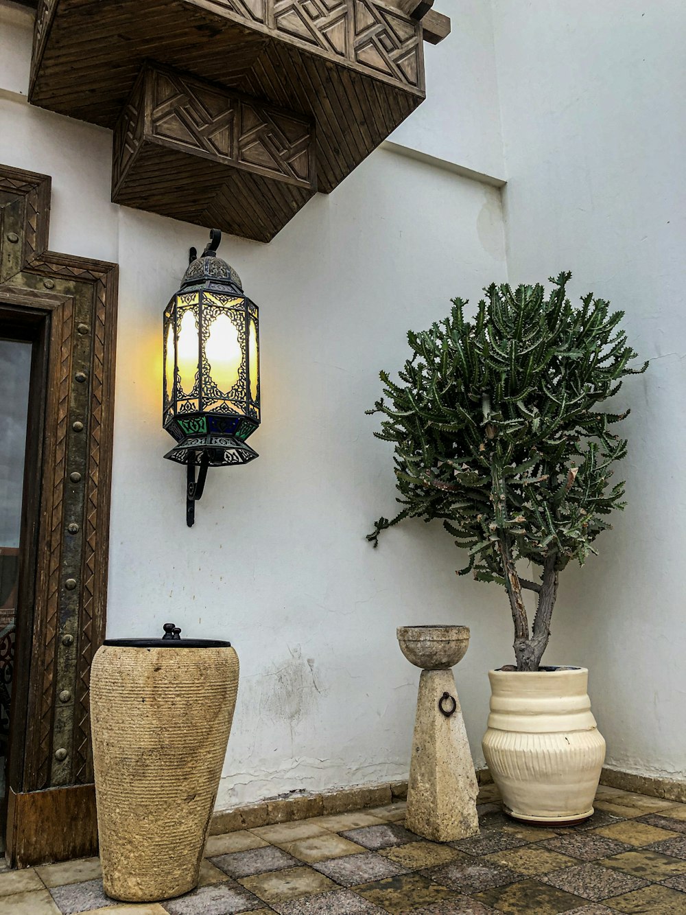 una pianta in vaso seduta accanto a una lampada su una parete