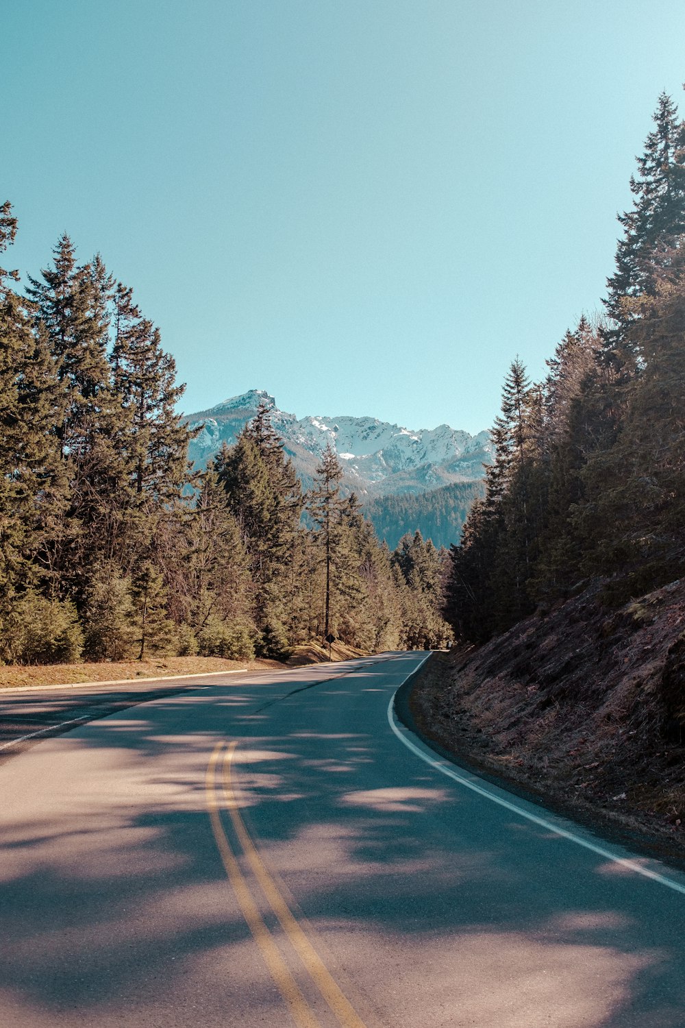 a curved road with a mountain in the background