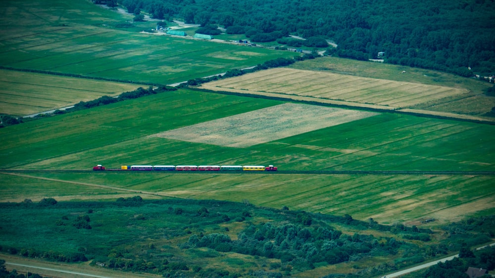 a train traveling through a lush green countryside