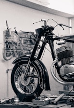 a black and white photo of a motorcycle