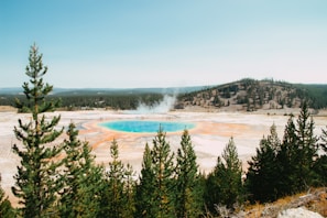 A vibrant geological hot spring surrounded by lush green trees and distant hills under a clear sky. The hot spring features vivid blue and orange hues, with steam rising from its surface, creating a contrasting natural spectacle.