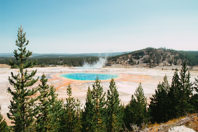 A vibrant geological hot spring surrounded by lush green trees and distant hills under a clear sky. The hot spring features vivid blue and orange hues, with steam rising from its surface, creating a contrasting natural spectacle.