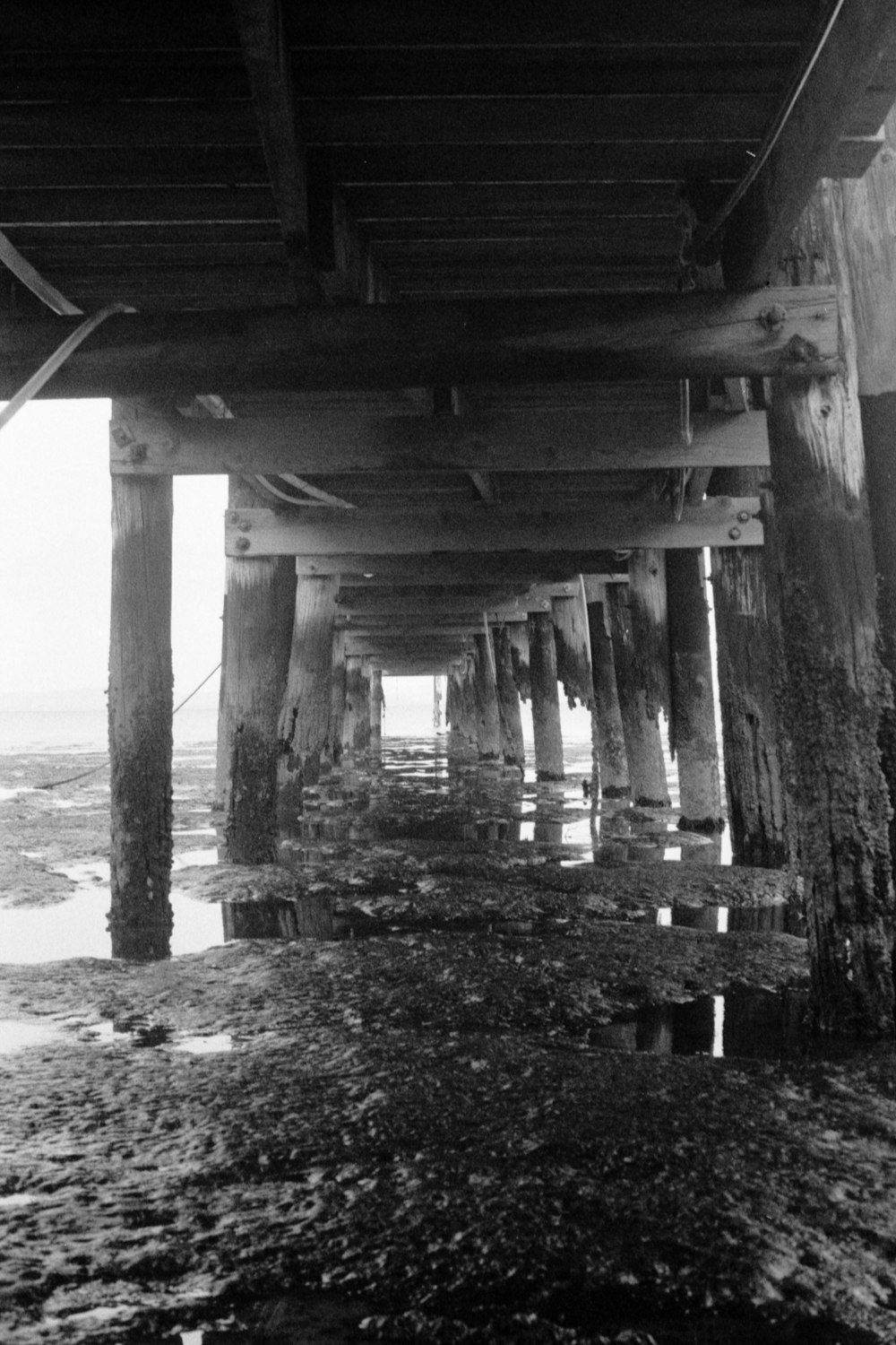 Une photo en noir et blanc du dessous d’une jetée