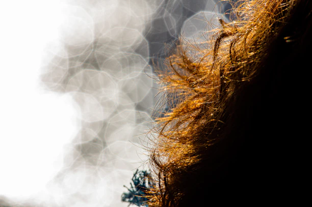 Close-up of artistic balayage highlights shining under natural light.