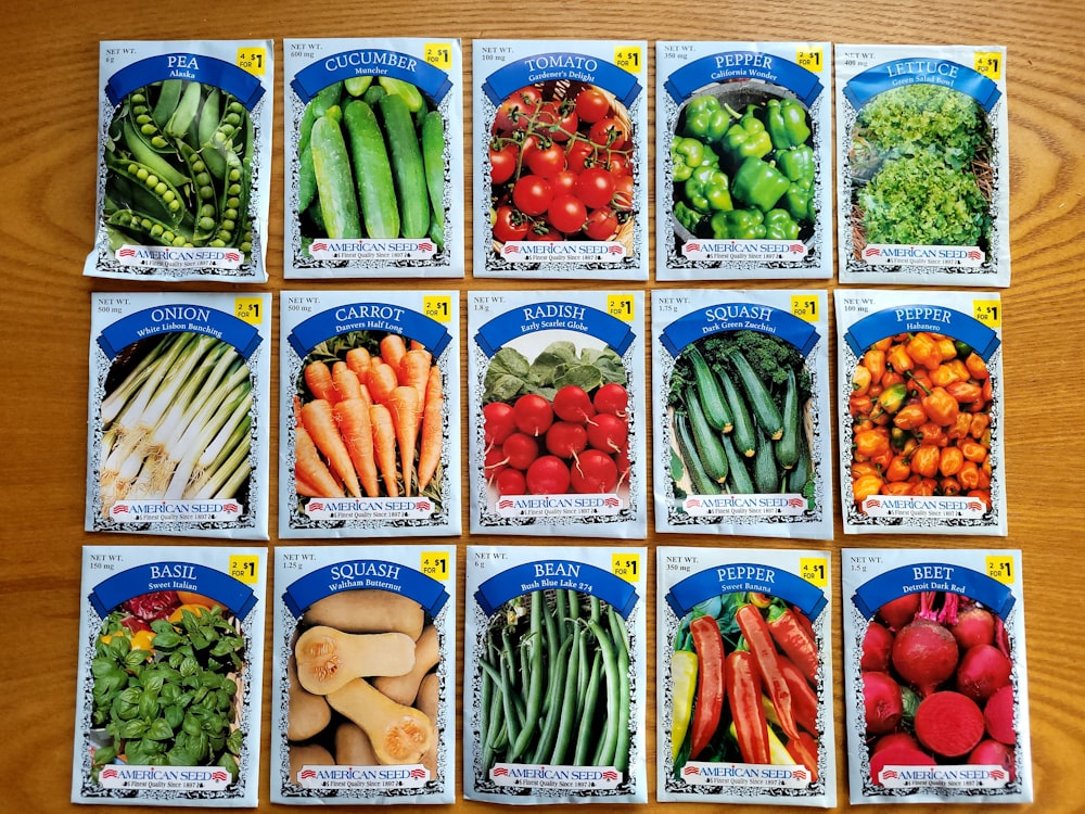 eine Reihe von Bildern von verschiedenen Obst- und Gemüsesorten