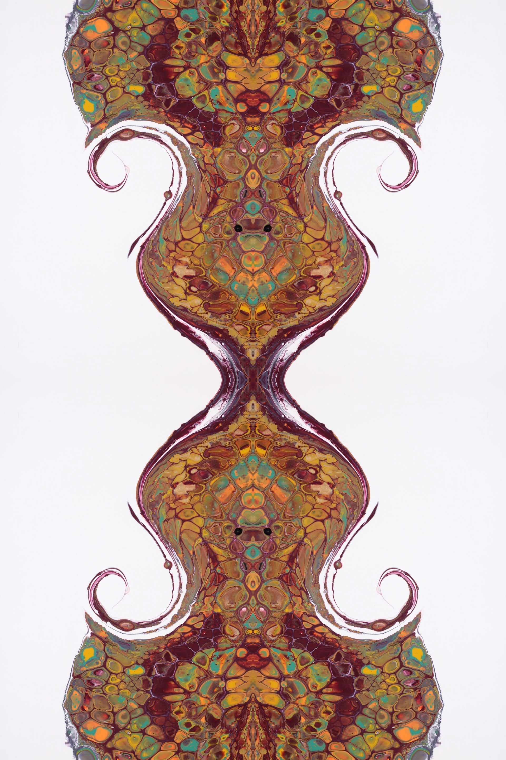 An intricate graphic design featuring swirling patterns and rich colors, blending modern style with classic portrait elements.