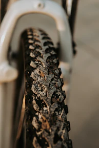 Close-up of a rugged bike tire on a dusty Indian highway surrounded by greenery.