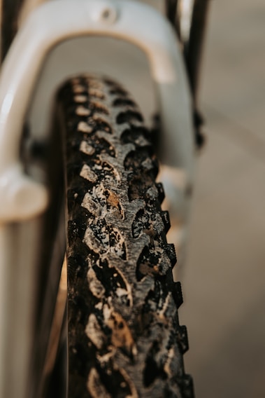 A close-up of a rugged fatbike tire covered in mud, highlighting durability.