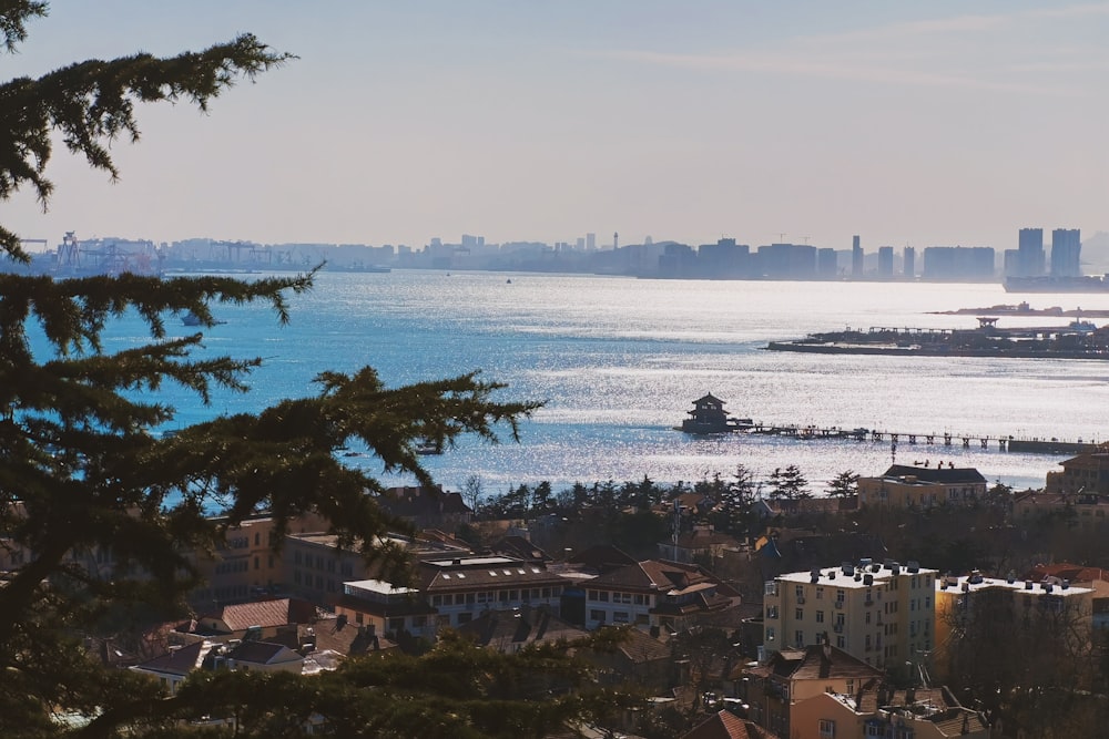 a large body of water with a city in the background