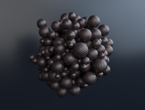 An abstract cluster of numerous black spheres of varying sizes, each marked with thin, wavy white lines, arranged in a chaotic yet coherent three-dimensional formation against a gradient gray background.