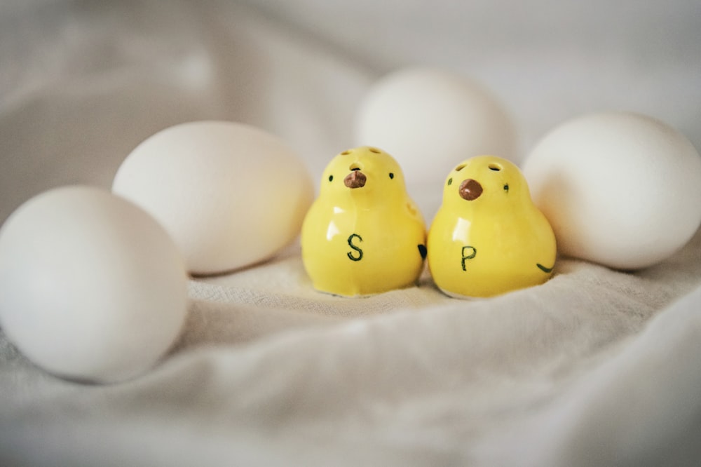 흰 달걀 옆에 앉아있는 노란 병아리 두 마리