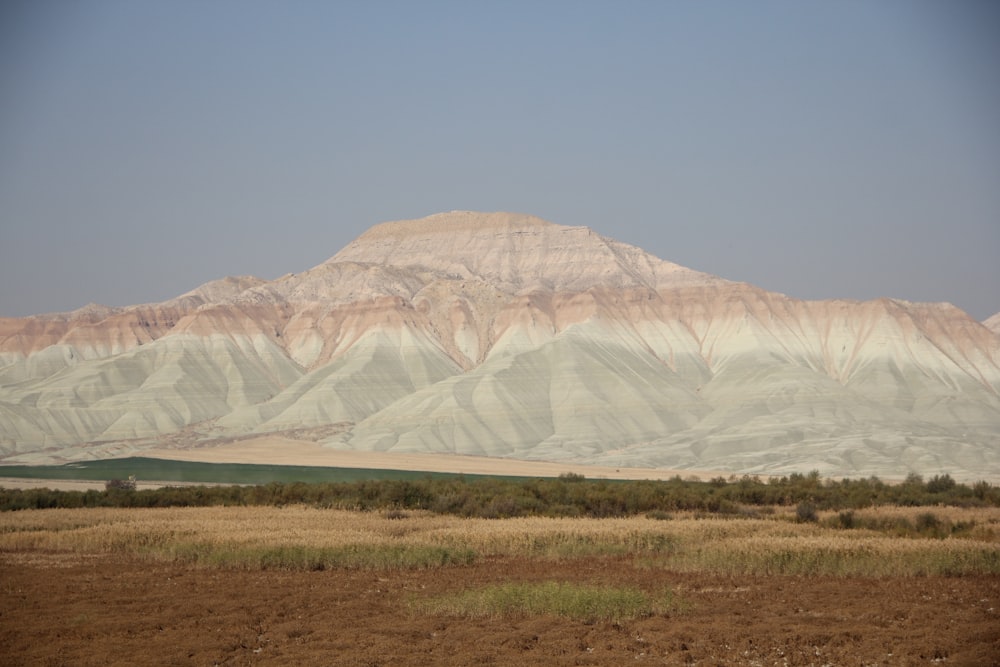 a large mountain with a brown field in front of it