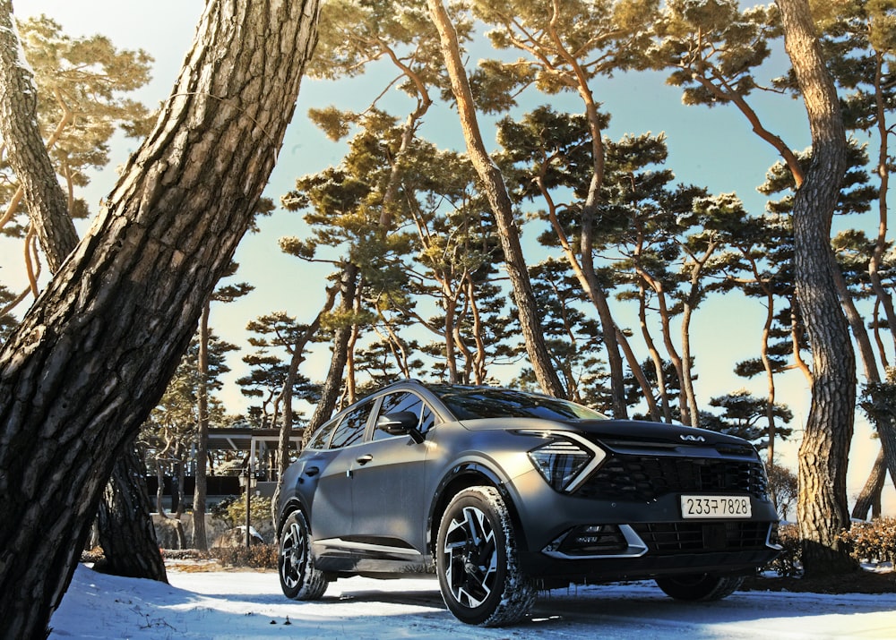 a black car parked in front of some trees