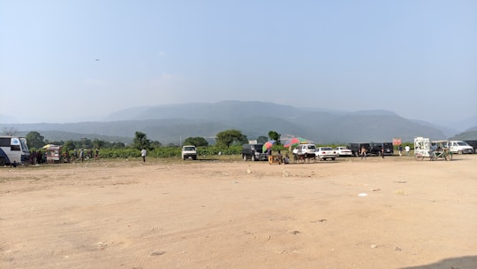 A fleet of diverse transport vehicles parked in a sunny outdoor setting.