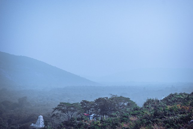 Misty morning view of a hilly landscape with dense vegetation and a white structure resembling a temple peeking through the trees. The scene is enveloped in fog, creating a serene and tranquil atmosphere.