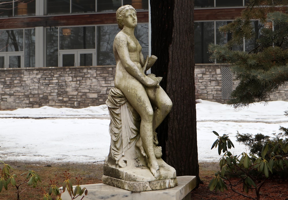 a statue of a woman sitting next to a tree