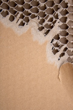 A piece of corrugated cardboard with layers exposed, displaying its distinctive honeycomb pattern. The section on the right is torn, revealing the structured texture beneath the outer layer.