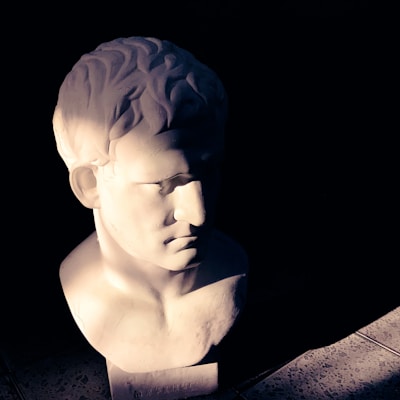 A white marble bust of a man, partially illuminated by light, with strong shadows emphasizing the facial features. The background is dark, creating a dramatic contrast with the sculpture. The floor is tiled, visible at the bottom of the image.