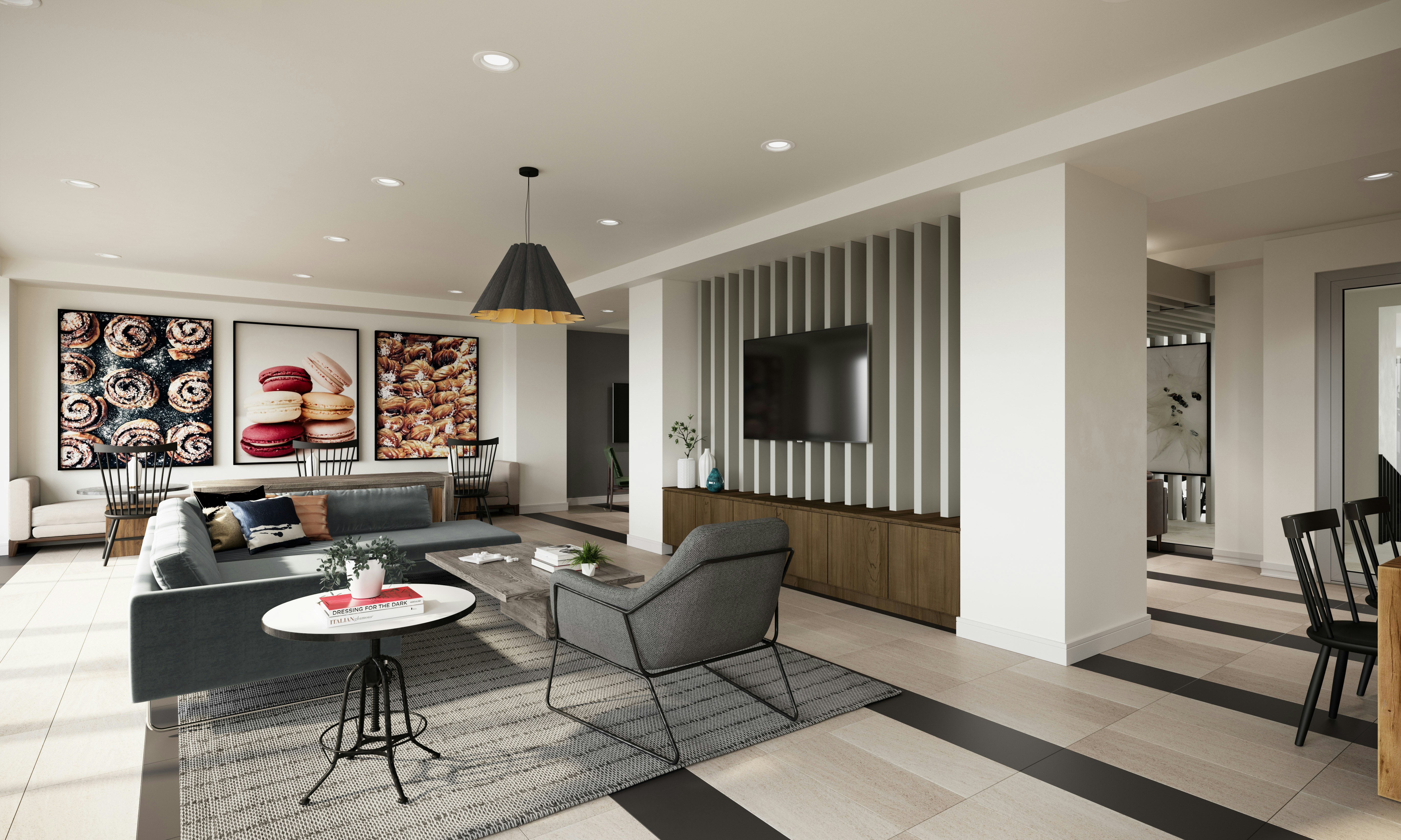 a living room filled with furniture and a flat screen tv