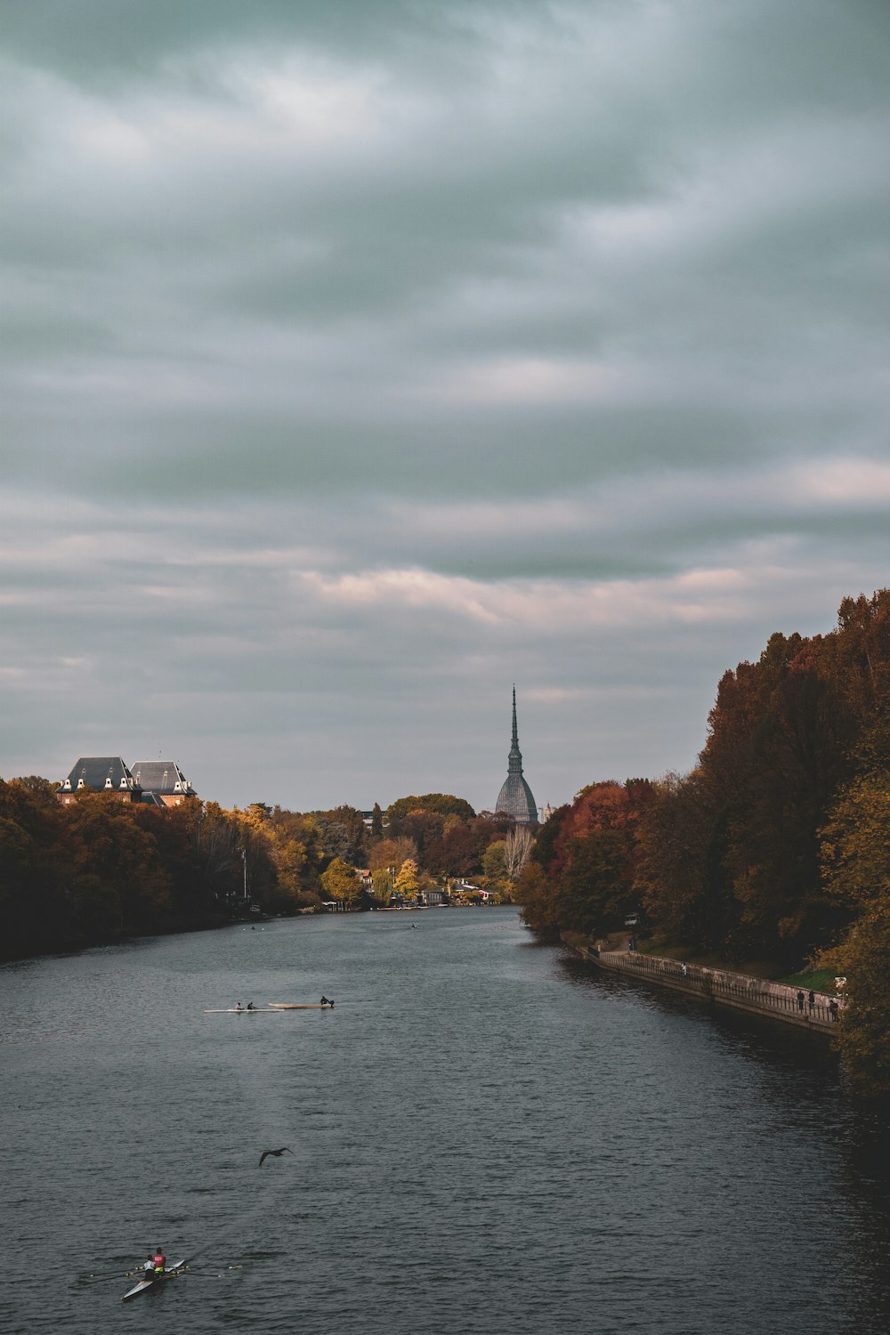 a body of water surrounded by trees with a church steeple in the background