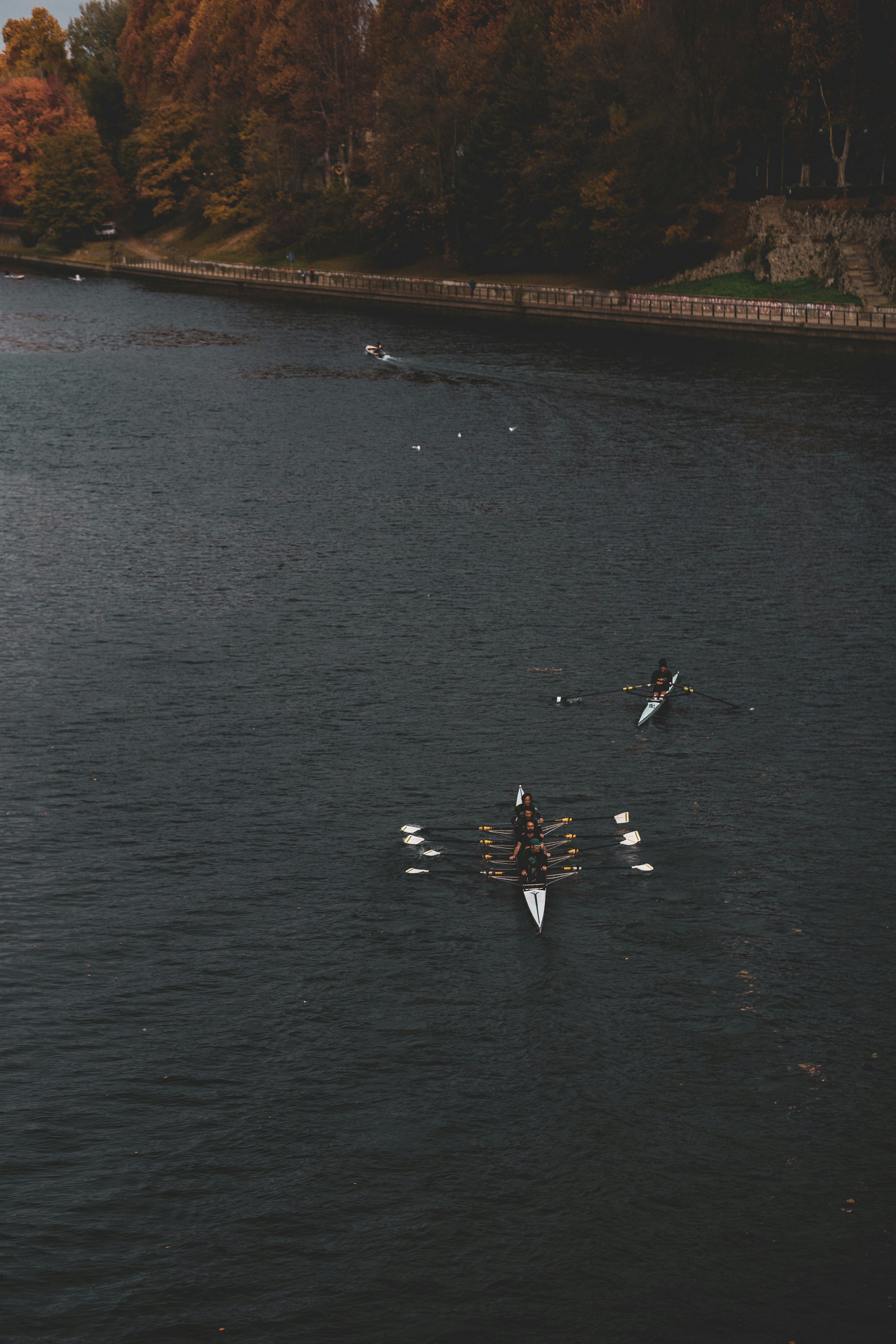 a group of people riding paddle boats on top of a lake