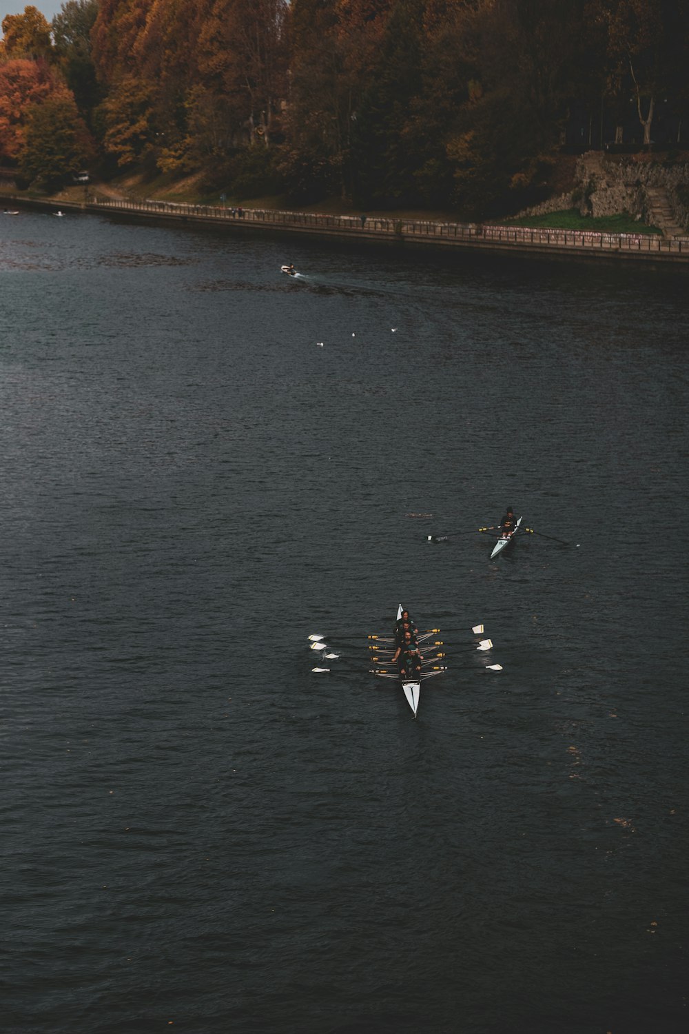 a group of people riding paddle boats on top of a lake