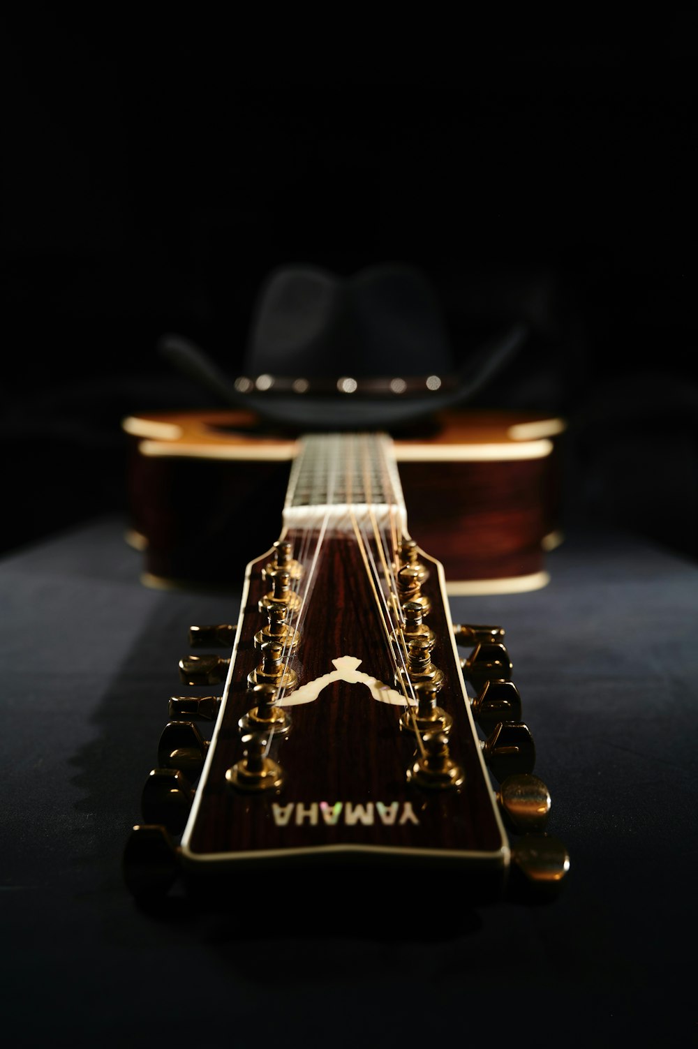 a close up of a guitar with a hat on top of it