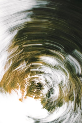 A dynamic, swirling pattern dominates the scene, featuring blurred lines in shades of white, brown, and green. The motion creates a hypnotic spiral effect, evoking a sense of movement and fluidity, resembling a forest seen through a spinning lens.