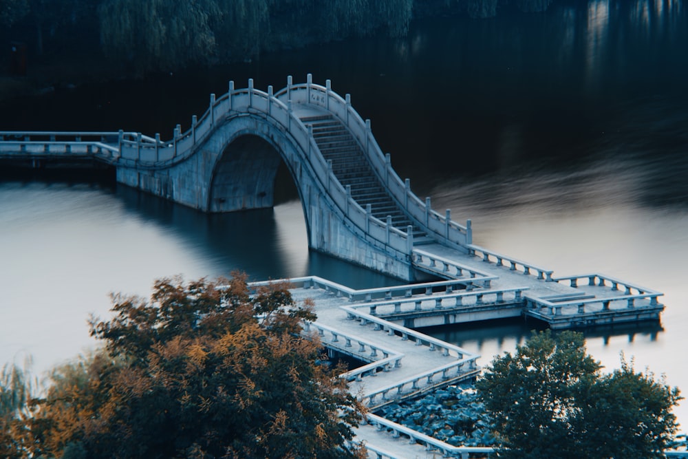 a bridge over a body of water next to a forest